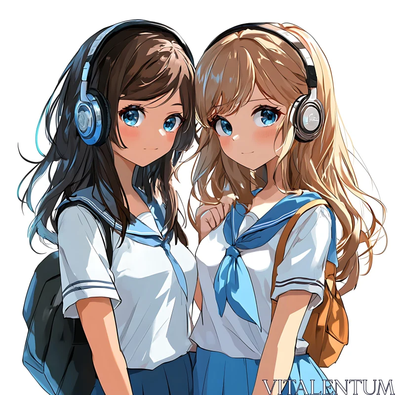 Expressive Anime Schoolgirls with Headphones AI Image