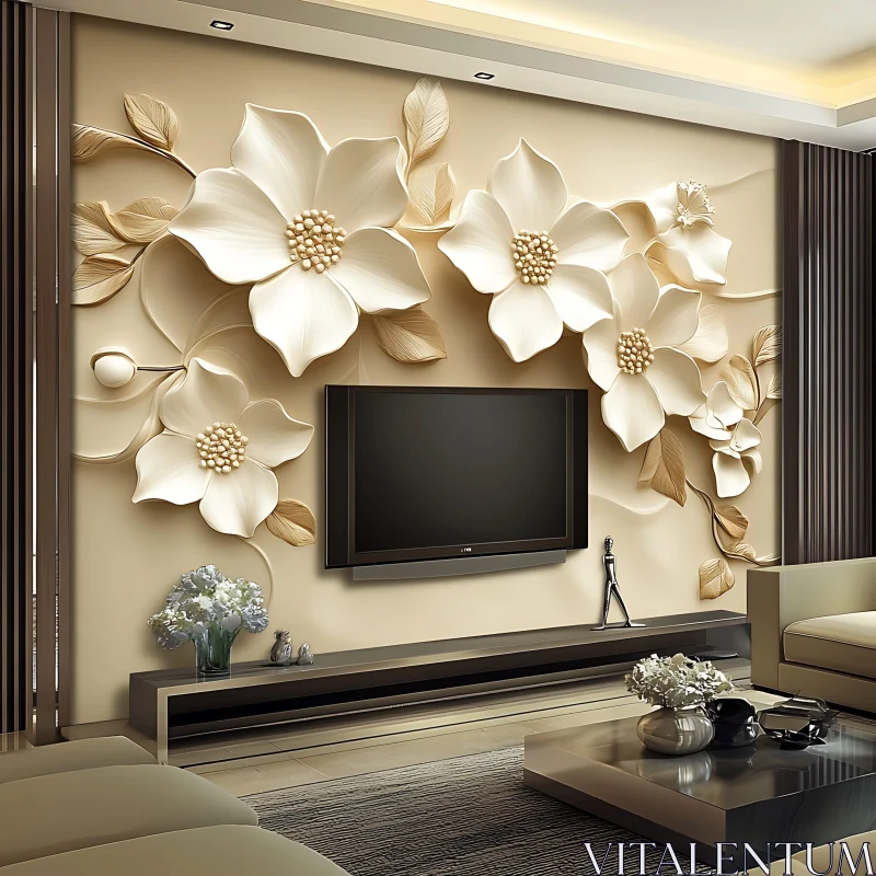 AI ART Modern Living Room with Stylized Floral Wall Art