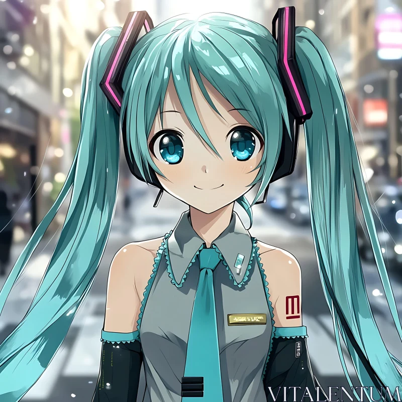 Cheerful Anime Girl with Headphones in Snowy City AI Image