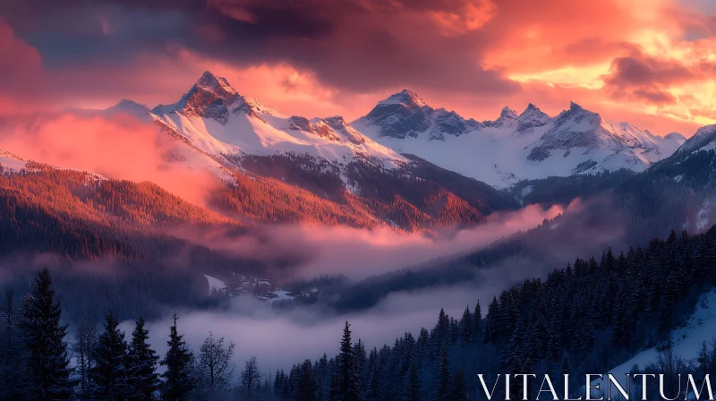 Mountain Range in Pink Sunset AI Image