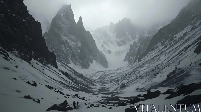 Snowy Peaks in Foggy Mountain Valley AI Image