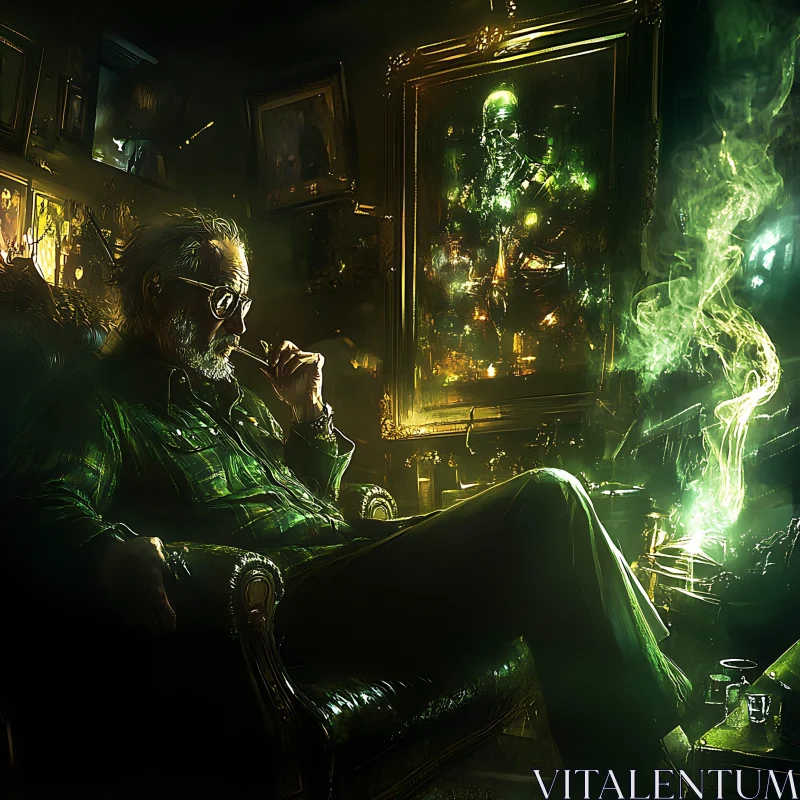 Man in Green Room Smoking a Pipe AI Image