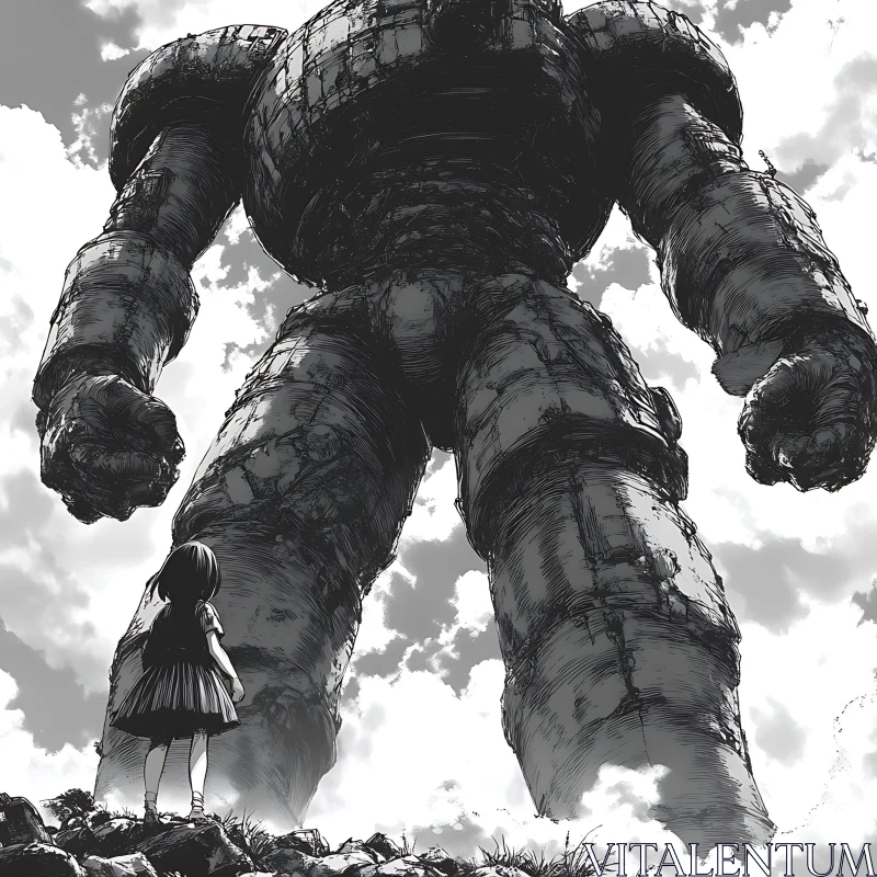 Giant Robot and Girl Monochrome Art AI Image