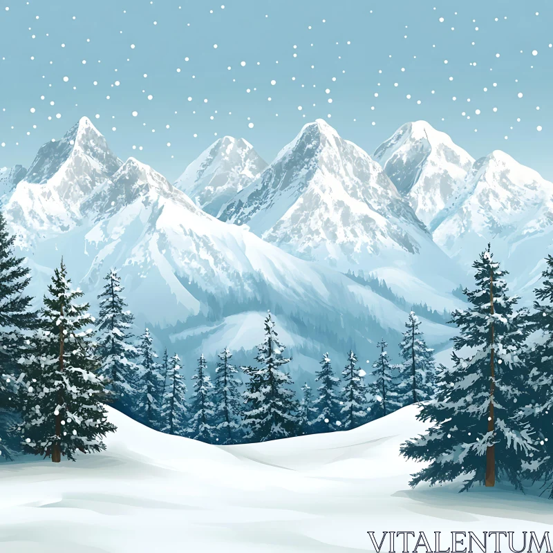 AI ART Snowy Mountain Landscape with Evergreen Trees