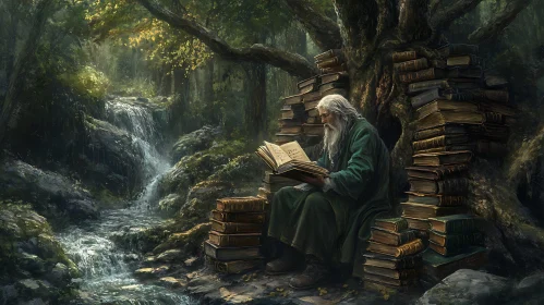 Serene Forest Scene with Bookish Old Man