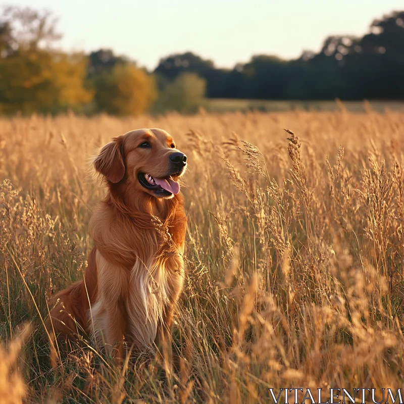 Happy Golden Retriever in a Sunlit Field AI Image