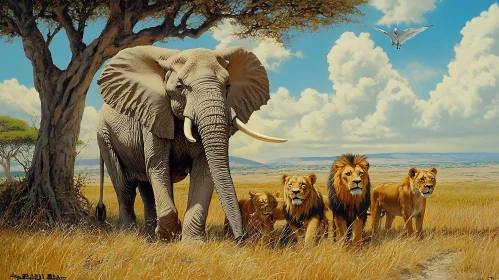 African Wildlife: Elephant Protecting Lions