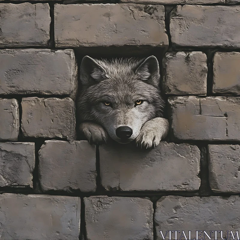 Grey Wolf Behind Bricks AI Image