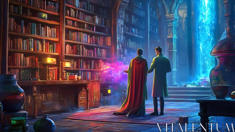 Magical Library with Figures and Portal AI Image