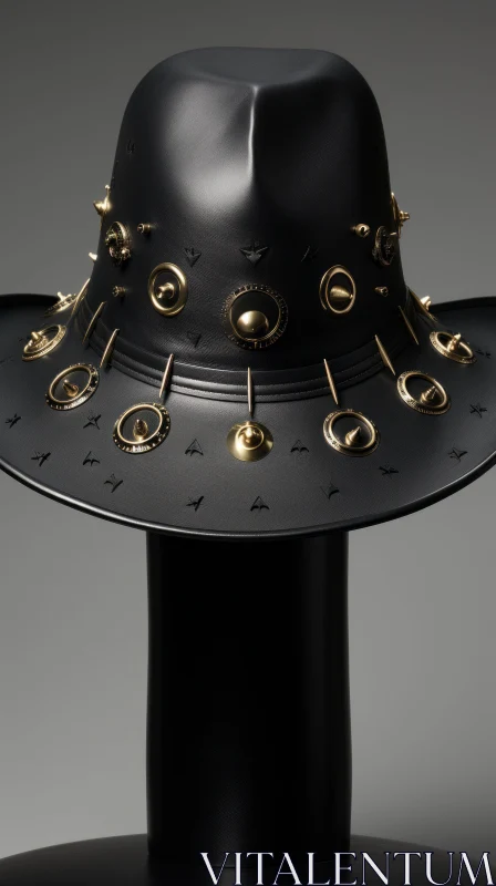 Intricately Detailed Black Leather Cowboy Hat with Silver Studding AI Image