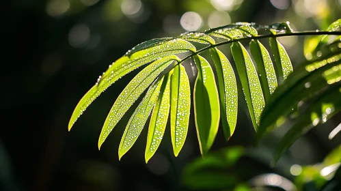 Green Leaf with Dew in Sunlight
