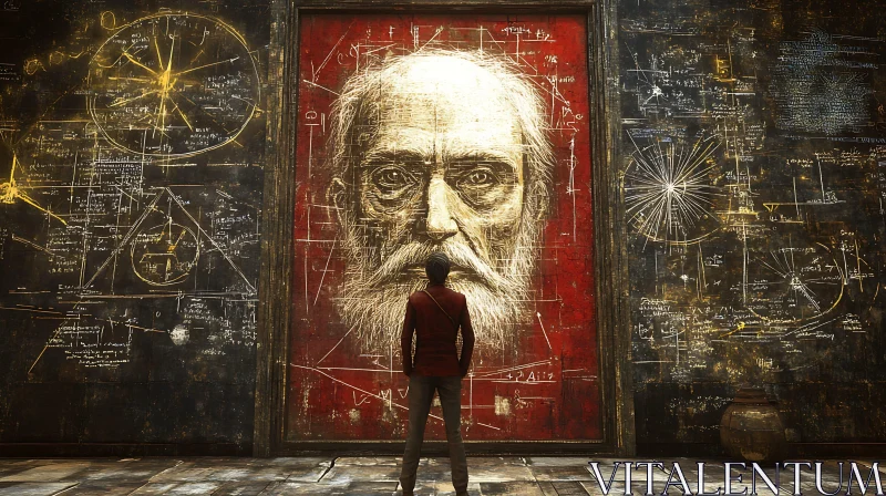 Man Staring at Portrait with Math Sketches