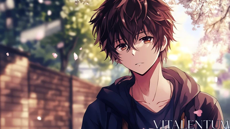 Contemplative Anime Youth Surrounded by Blooming Cherry Blossoms