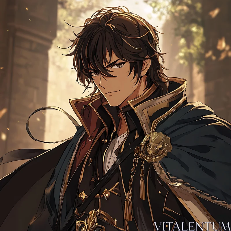 Detailed Dark-Haired Anime Character in Gold-Embellished Outfit