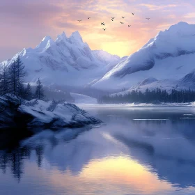 Snowy Mountain Lake at Sunset