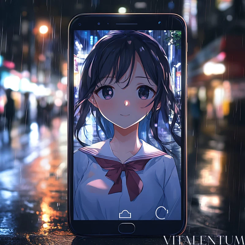 Nighttime City with Anime Character on Phone