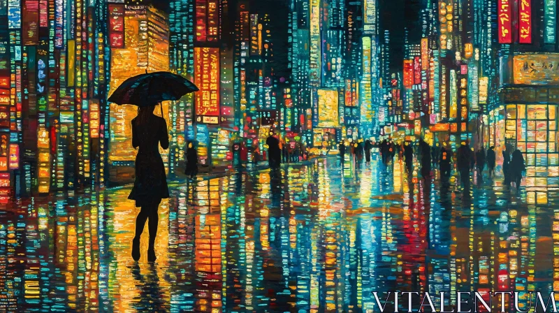 Rainy Night Cityscape with Woman
