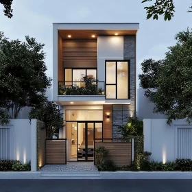 Contemporary Residential Architecture with Wood, Glass, and Stone Facade
