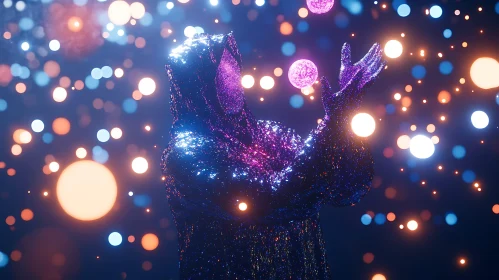 Shimmering Figure with Floating Orbs