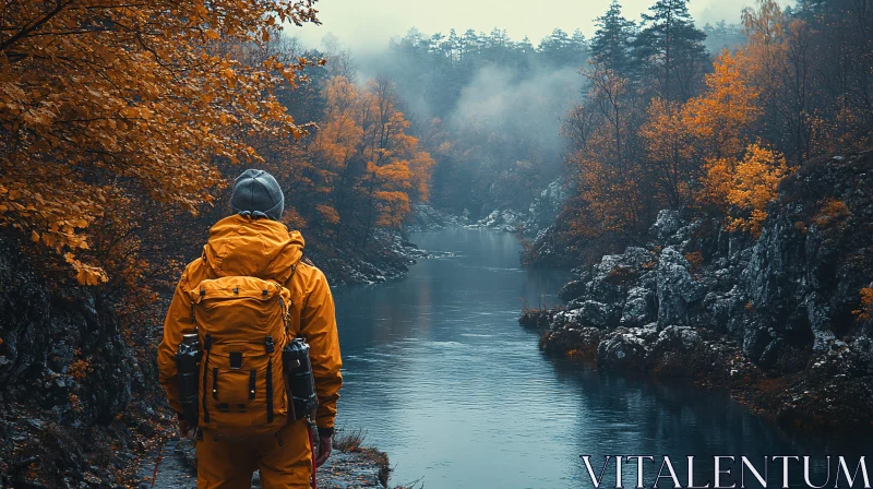 Hiker by the River in Autumn