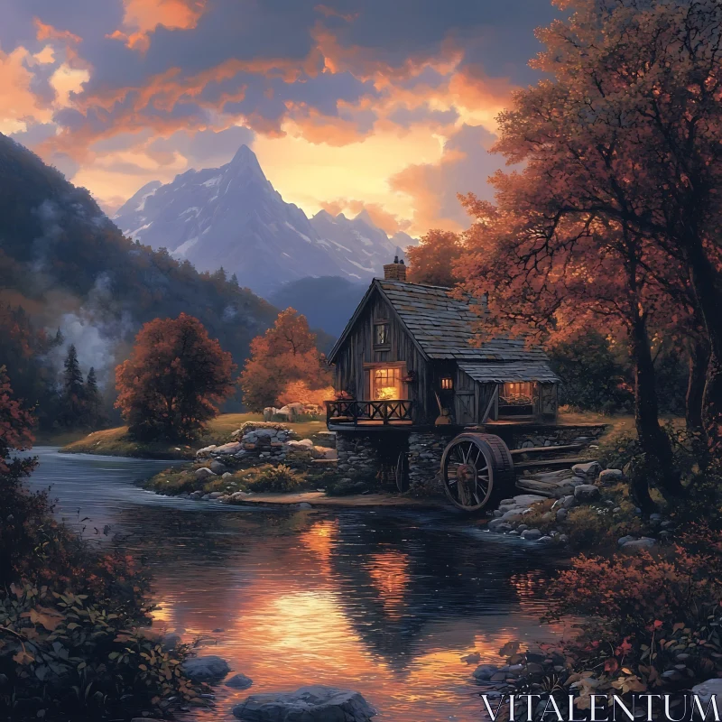 Riverside Cabin in Autumn Scenery
