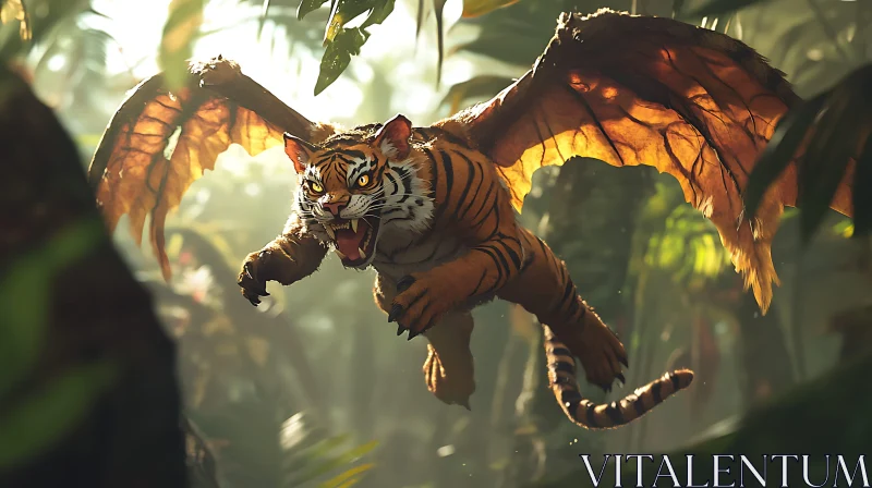 Tiger with Wings Soaring in Jungle AI Image