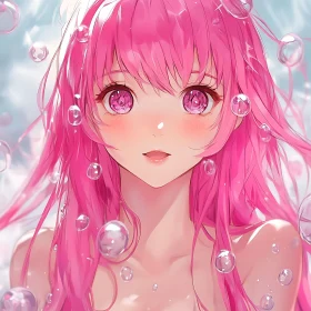 Pink-Haired Anime Girl Surrounded by Bubbles