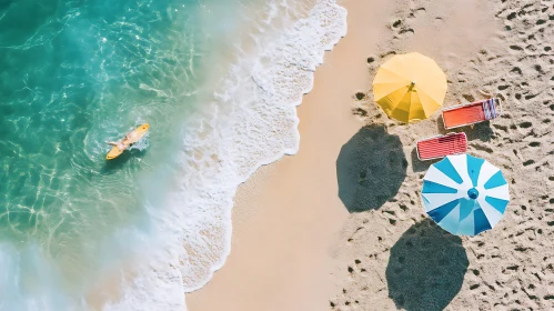 Coastal Serenity: Beach Umbrellas and Surfer