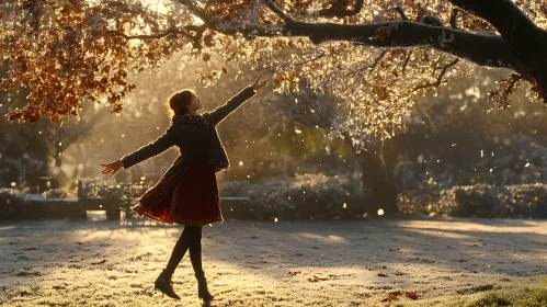 Sunlit Park Scene with Woman Reaching