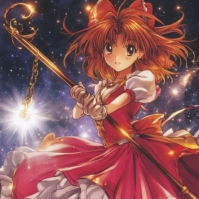 Fantasy Anime Girl with Staff and Stars