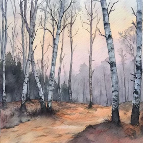 Misty Autumn Forest, Watercolor Art
