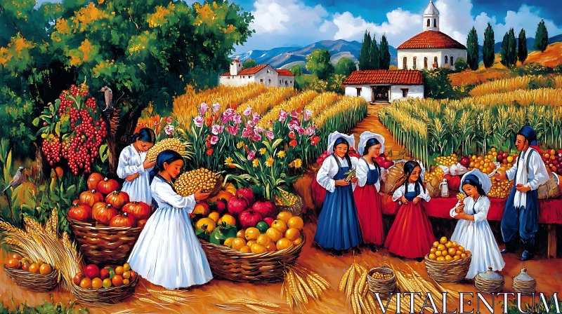 Children Gathering Crops in a Village