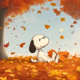 Relaxing Cartoon Dog in Fall Foliage