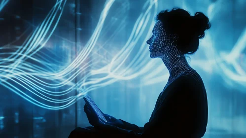 Futuristic Woman with Tablet and Glowing Lines