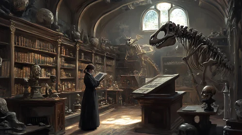 Vintage Library with Dinosaur Fossil