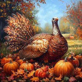 Thanksgiving Turkey Amidst Fall Harvest Scene