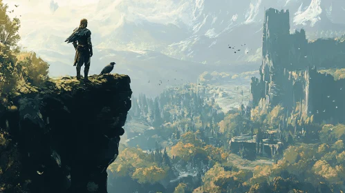 Figure on Cliff Overlooking Mountains and Castle