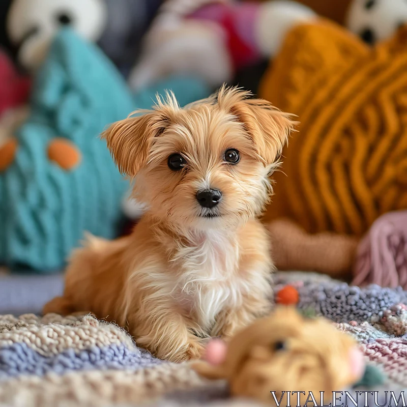 Cute Fluffy Puppy with Knitted Blanket