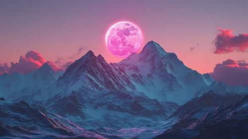 Snowy Mountains Under Pink Moonlight