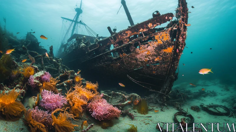 Shipwreck Surrounded by Coral and Fish