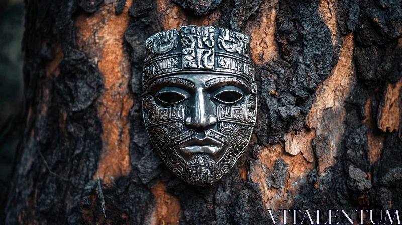 Ornate Silver Mask on Tree Trunk