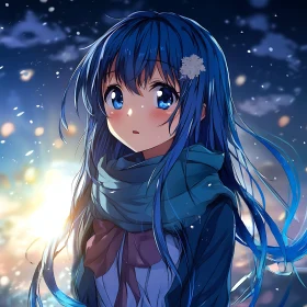 Enchanting Anime Girl with Blue Hair and Snowfall