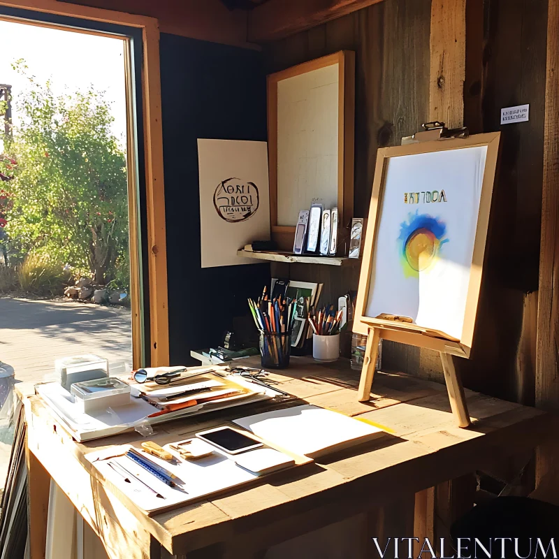 Sunlit Artist's Workspace with Art Display