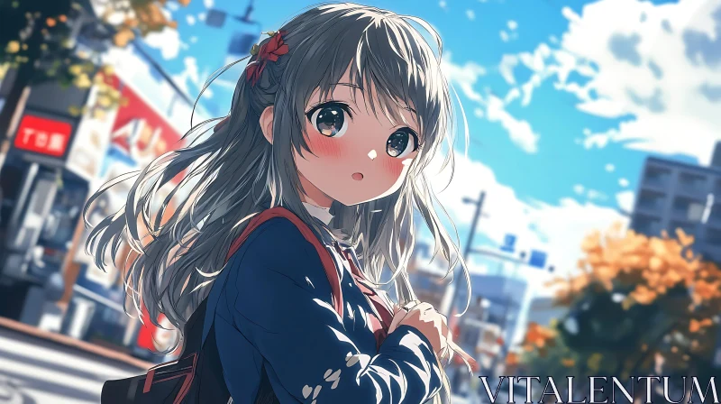 Animated Schoolgirl in Urban Autumn Setting