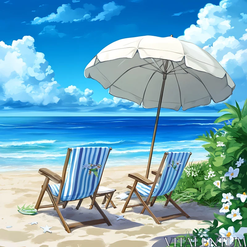 Peaceful Oceanfront with Chairs and Umbrella AI Image