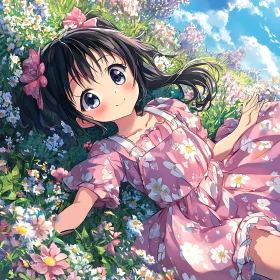 Anime Girl Relaxing in a Flower Field