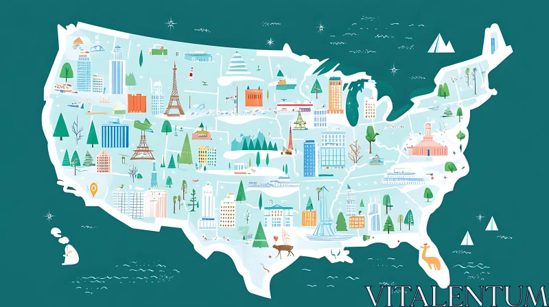 Stylized USA Landmarks Map Illustration