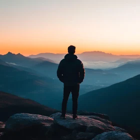 Man on Mountain Peak at Sunset