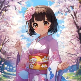 Anime Girl in Spring Kimono with Cherry Blossoms