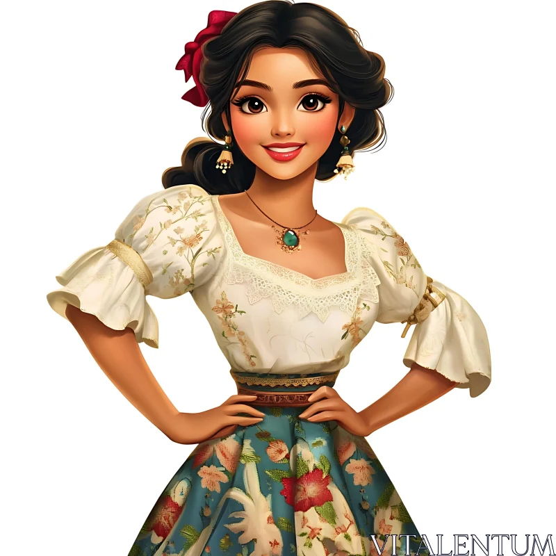 Charming Lady in Embroidered Blouse AI Image